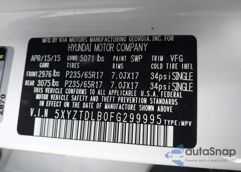 2015 Hyundai Santa Fe Sport 2.4L z USA, uszkodzony, nr VIN 5XYZTDLB0FG299995